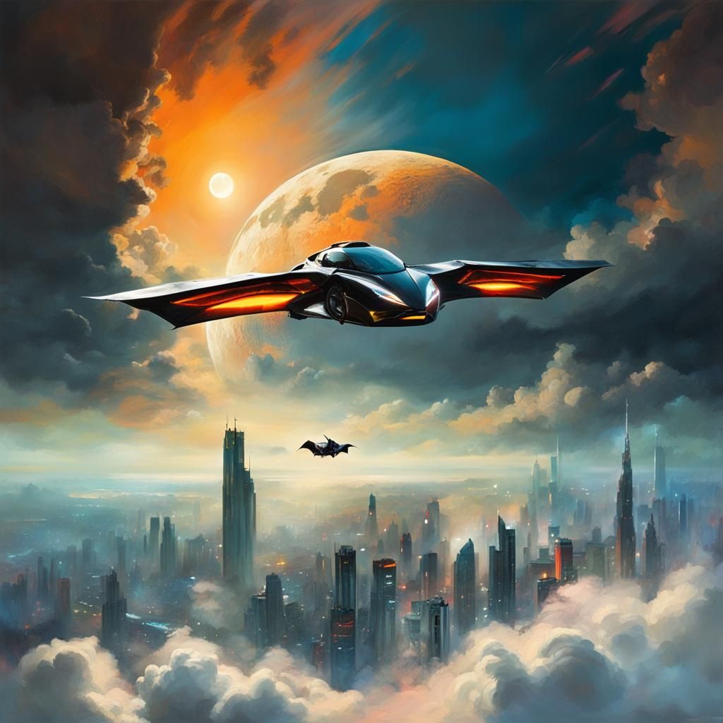 Retrofuturist Bat-Craft Soaring Through Cyberpunk Cityscape