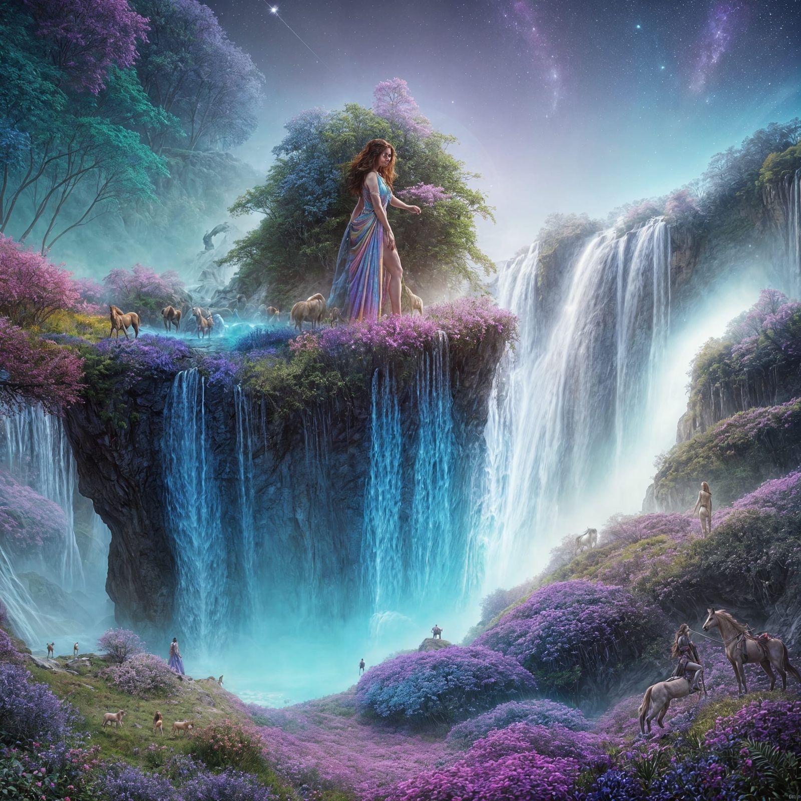 Female Centaur at Waterfall in Astral Cosmic Style