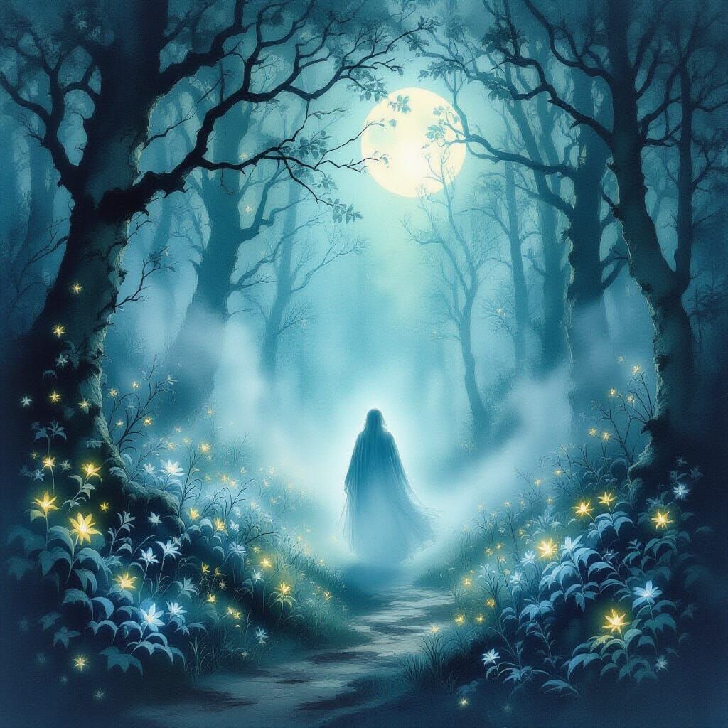 Ethereal Ghost in Moonlit Forest Watercolor