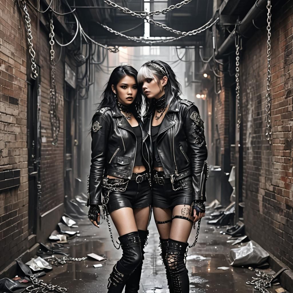Leather-Clad Biker Women Embrace in Gothic Alley