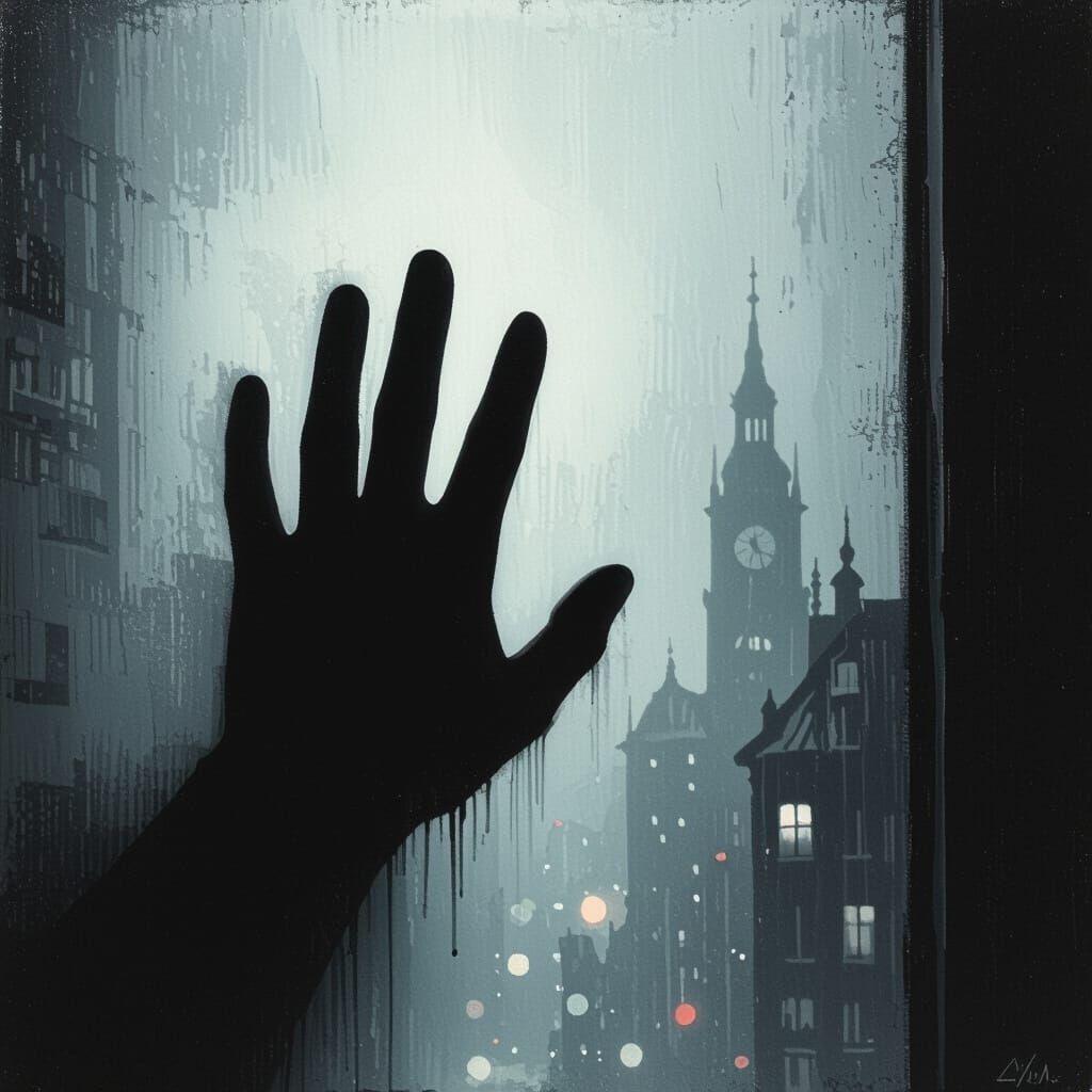 Eerie Shadow Hand on Misty Window in Neo-Noir Style