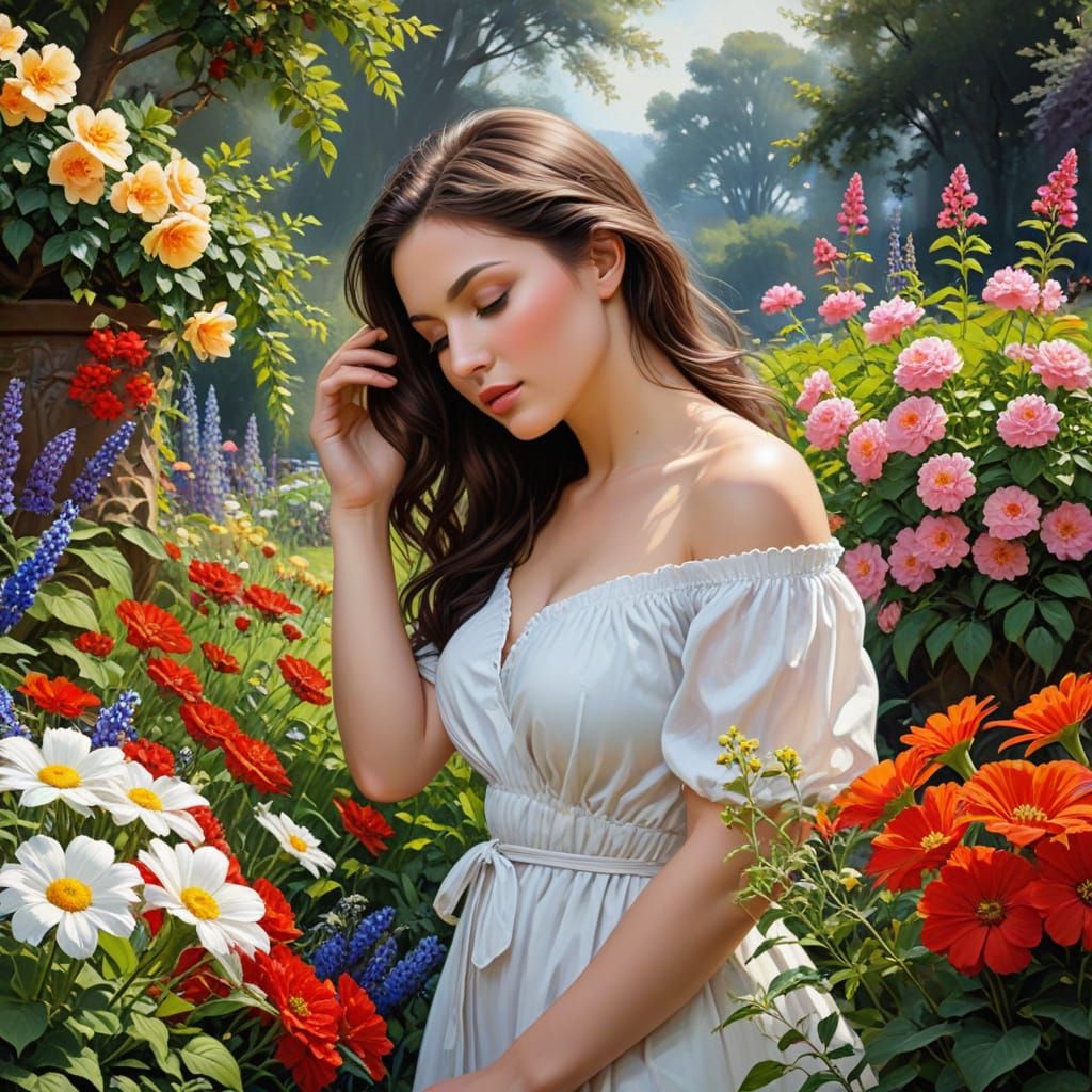 Woman Smelling Flowers in Oil Painting Style