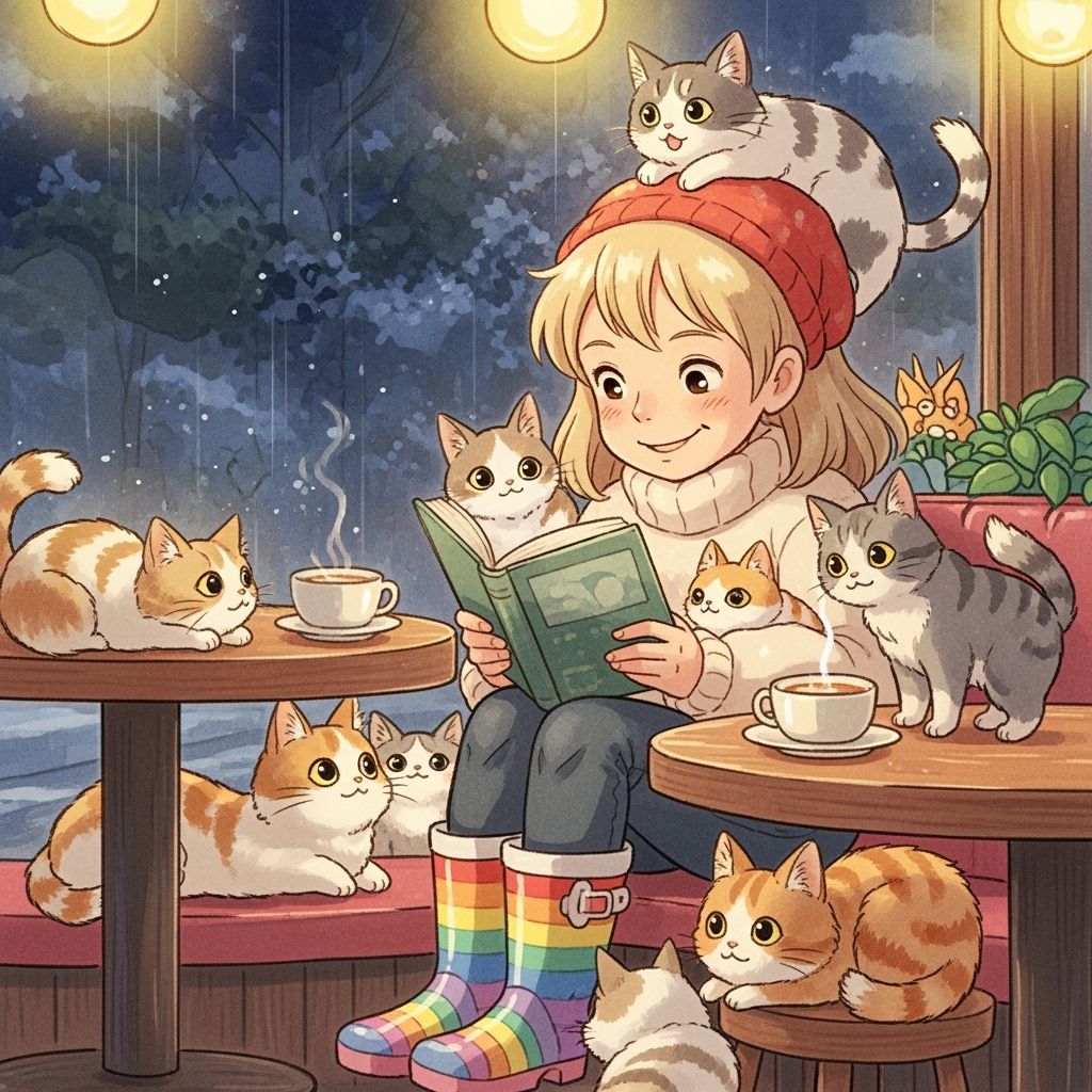 Ghibli-Style Girl and Cats in Rainy Cafe