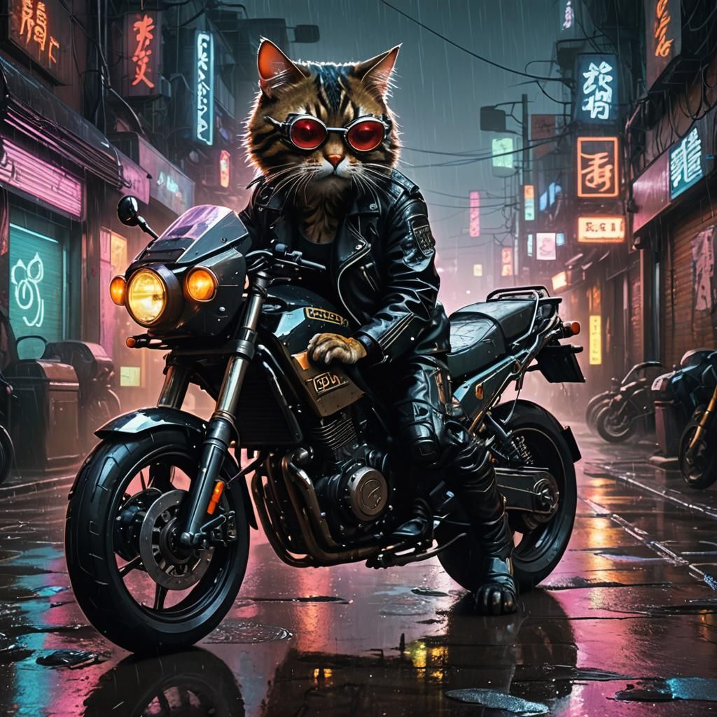 Cyberpunk Cat Mechanic in Rain-Soaked Alley