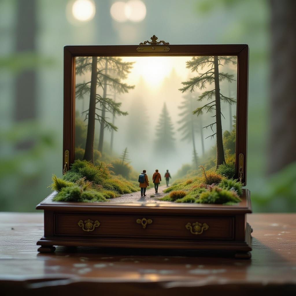 Miniature Foggy Forest Landscape on Wooden Desk Diorama