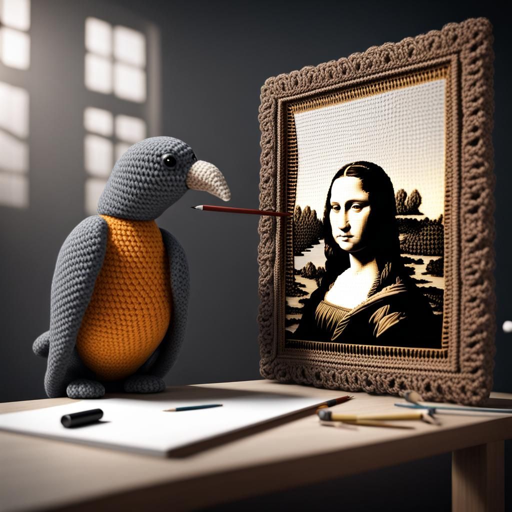 Mystical Creature Drawing Mona Lisa in 3D Render