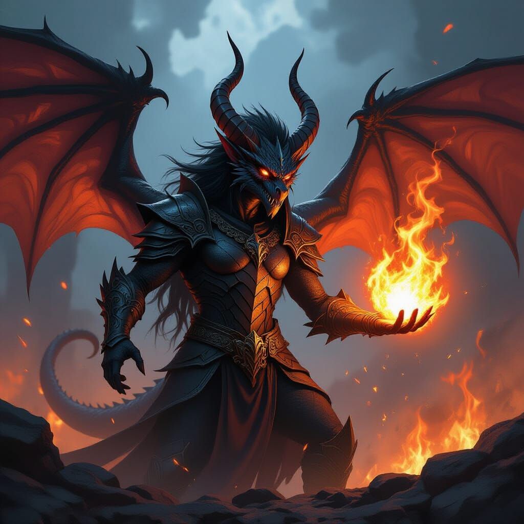 Dragon-Elf Mage Unleashes Fiery Spell on Battlefield