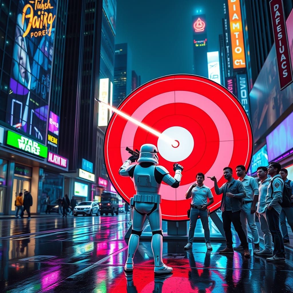 Stormtrooper Misses Target in Futuristic Cityscape