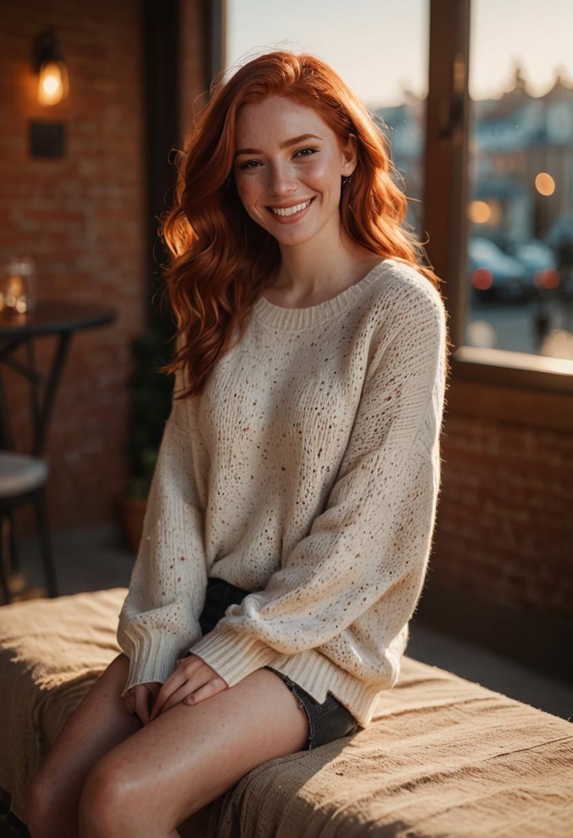 A woman age 20 smiling  realistic epic realism  sweater Red ...