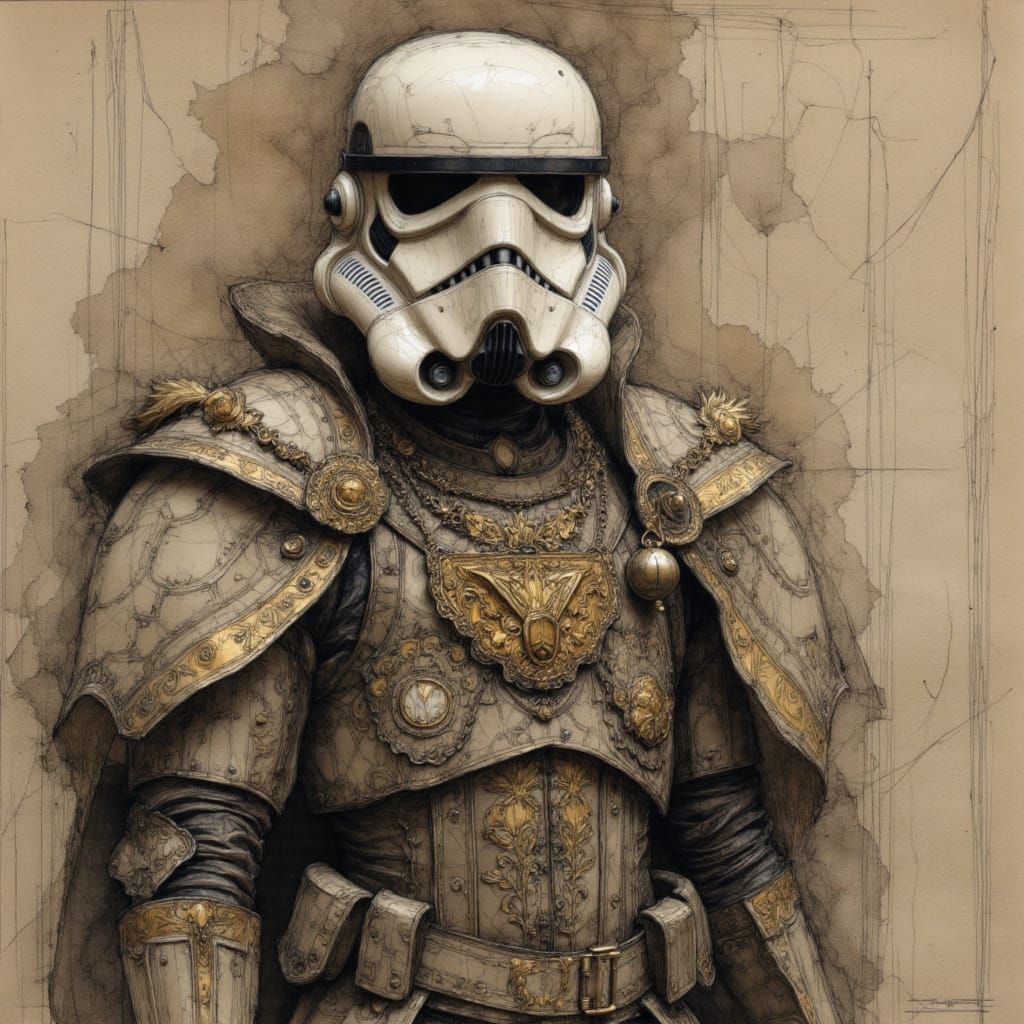 Victorian Stormtrooper in Rococo Robes Charcoal Sketch