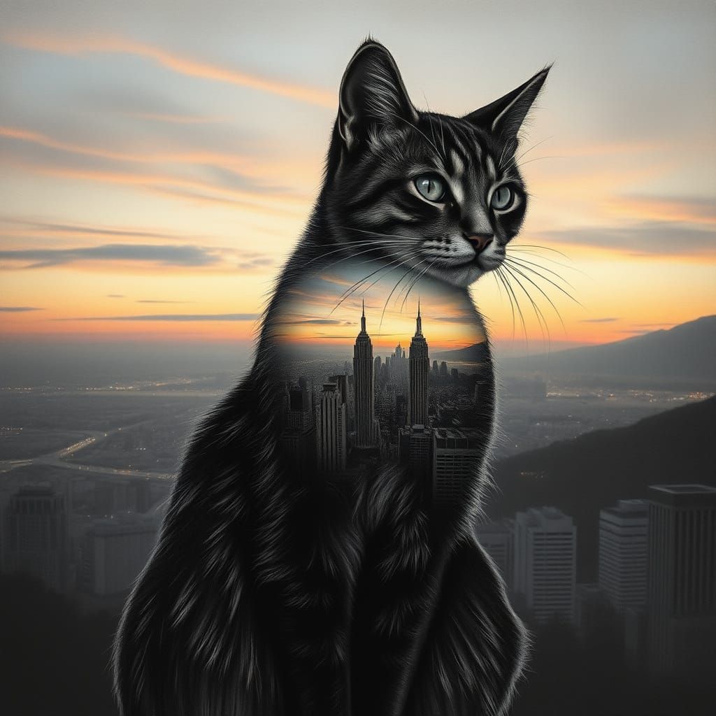 Hyper-Realistic Cityscape Cat Form in Charcoal Drawing Style