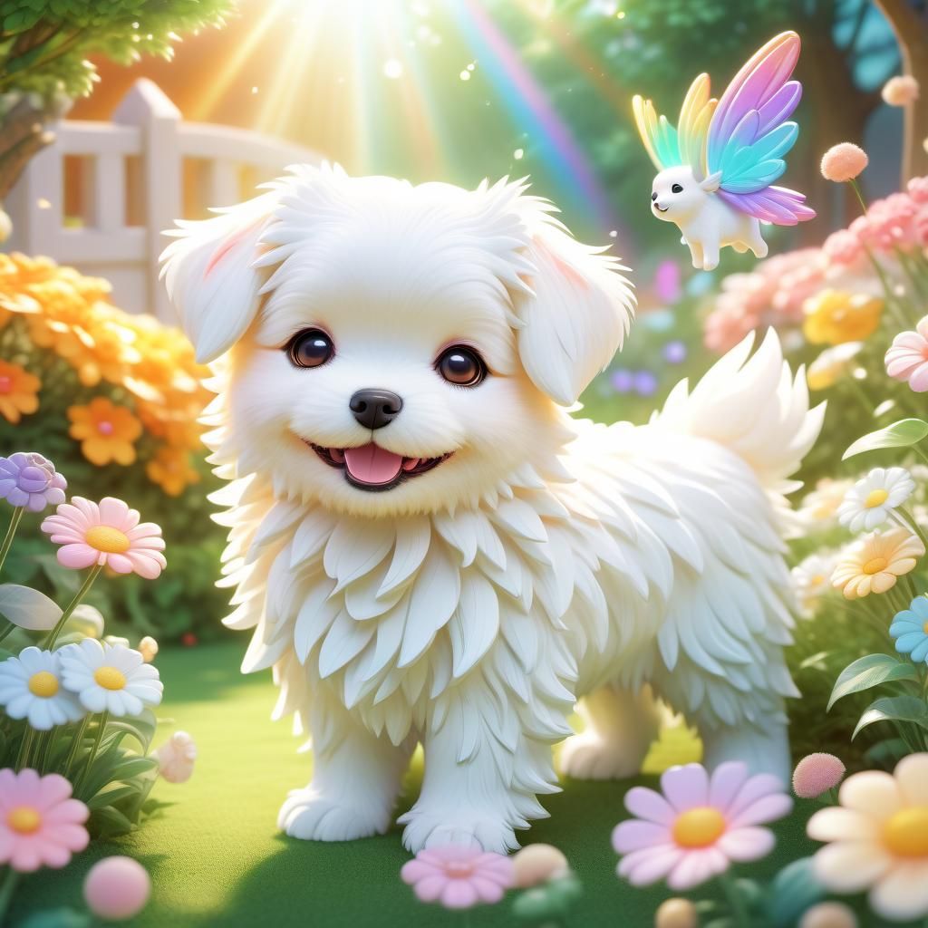 Kawaii Angel and Chibi Dog in Vibrant Garden