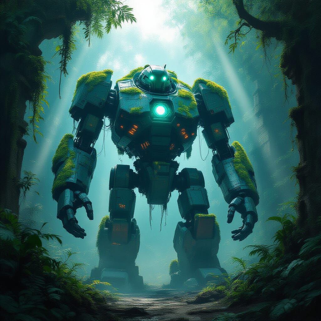 Ancient Robot in Jungle City, Dark Fantasy Concept Art