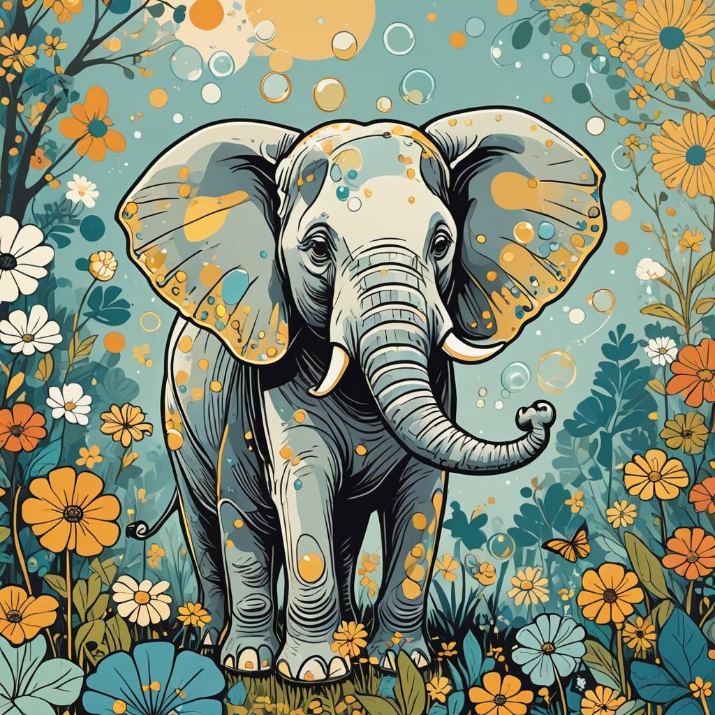 Cartoon Elephant Blowing Bubbles of Bees: Vector Art