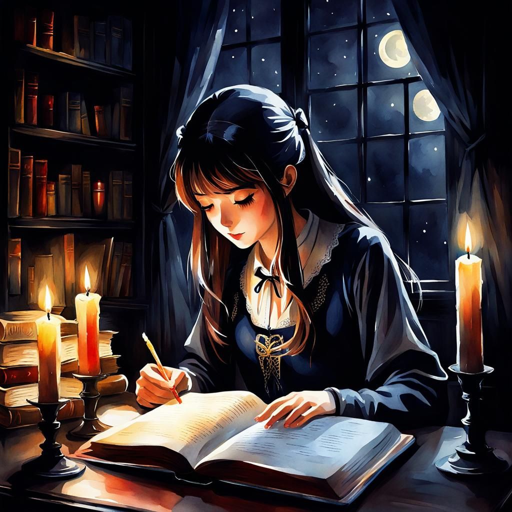 Girl Reading by Candlelight in Anime Watercolor Style