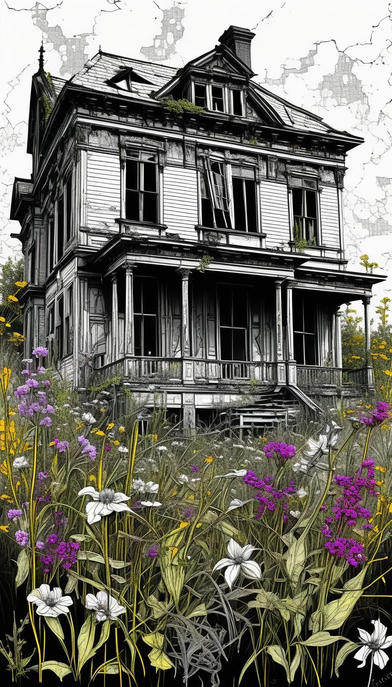Ink Drawing of Abandoned Mansion with Wildflowers