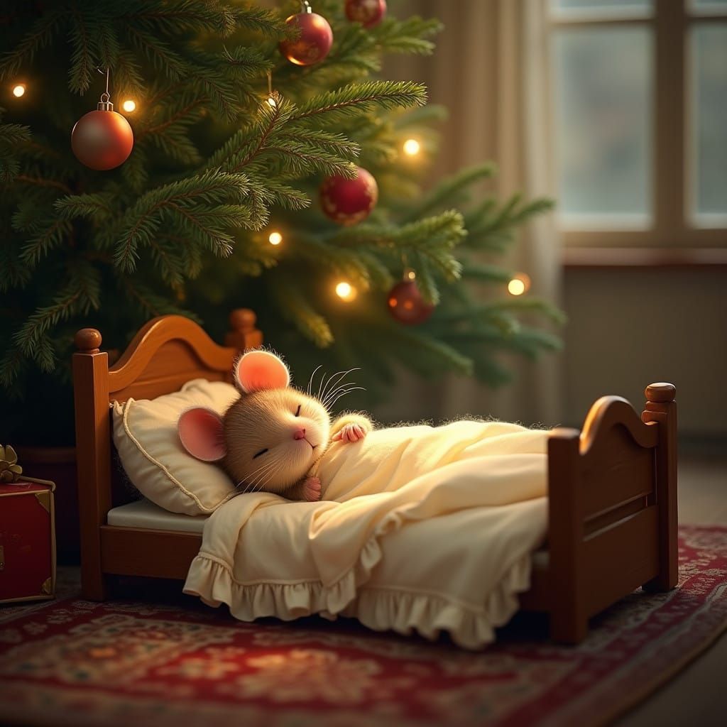 Cozy Christmas Mouse in Dreamy Nightgown Sleeps Beneath Glow...
