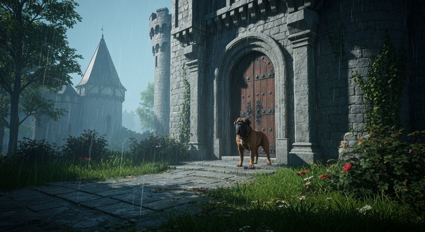 Loyal Mastiff Guarding Medieval Castle in Cinematic Style