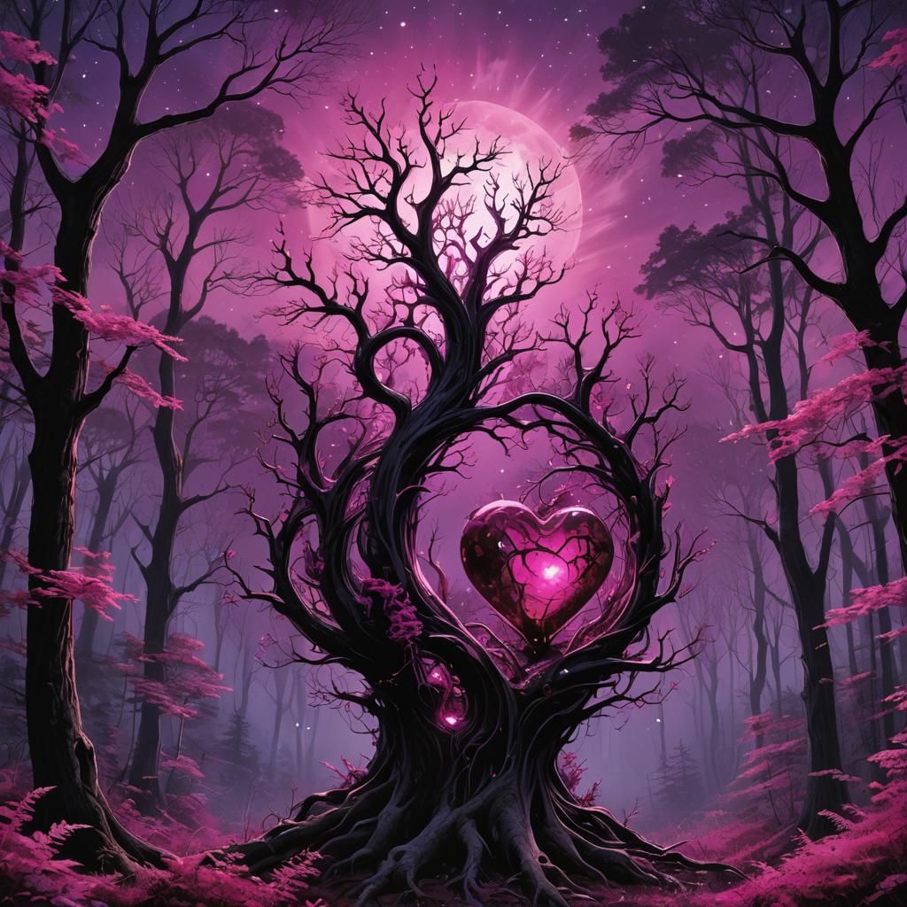 Luminous Magenta Heart in Enchanted Night Forest