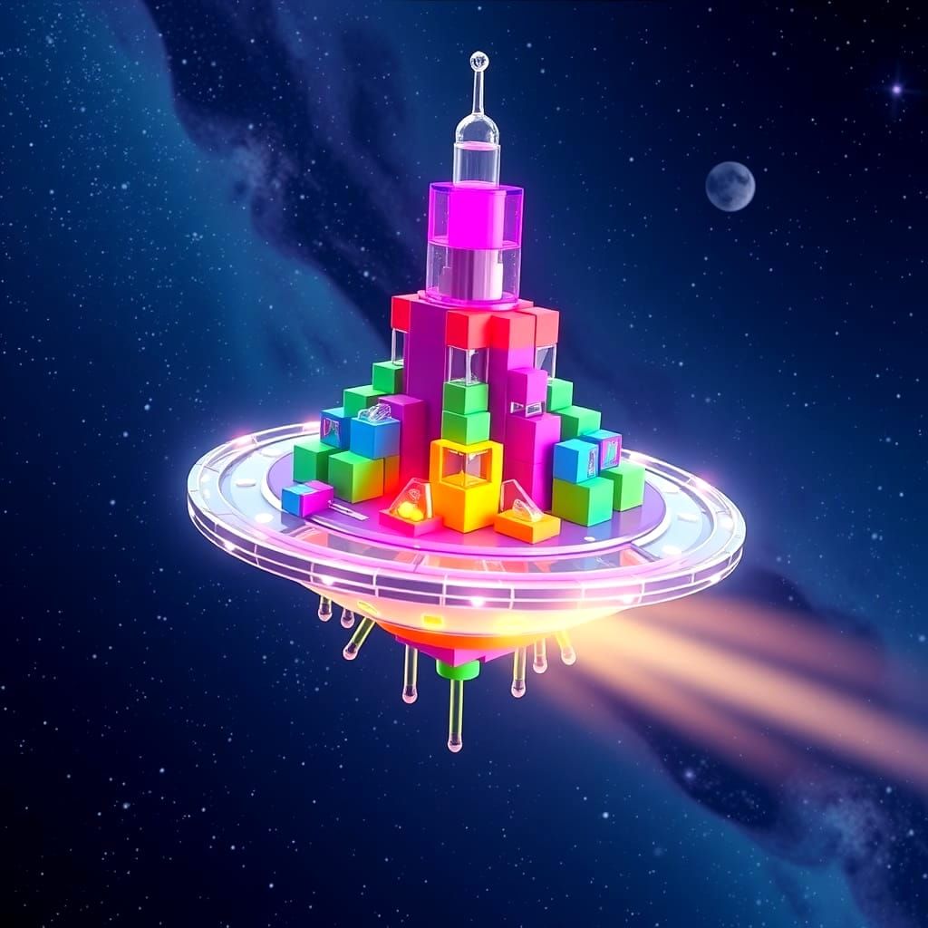 Futuristic Space Station in a Galaxy of Colorful Cubes