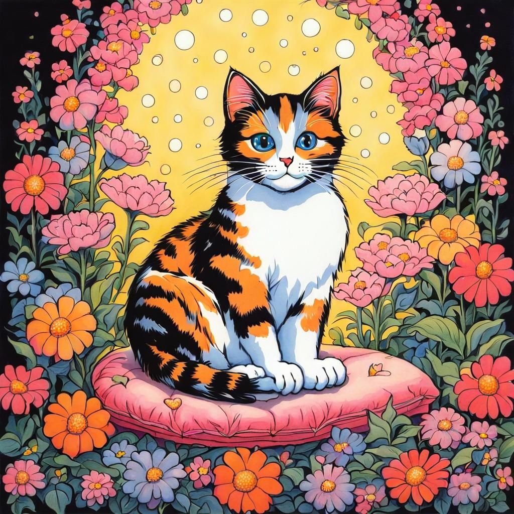 Cute Cartoon Cat Surrounded by Flowers