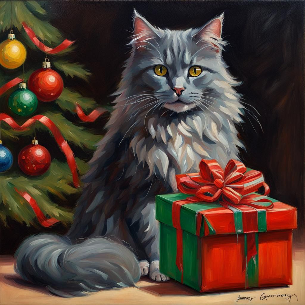 Happy Cat Opening Christmas Gift as Oil Painting