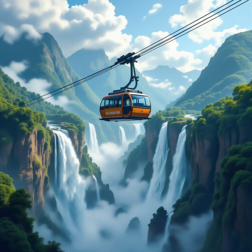 Whimsical Cable Car Over Waterfall Cliffs
