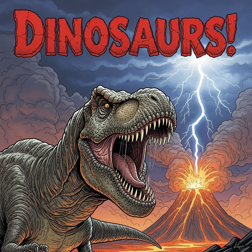 Dinosaur Comic Cover Art: Roaring T-Rex and Volcano