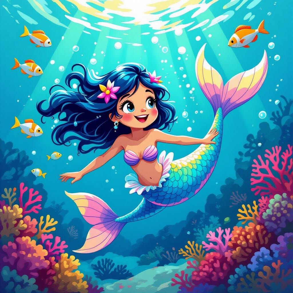 Playful Mermaid Creature Underwater Scene