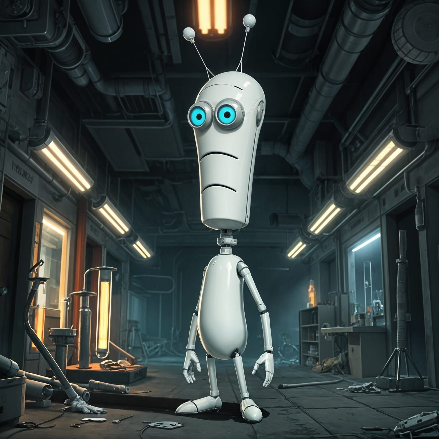 Whimsical White Robot in Abandoned Laboratory