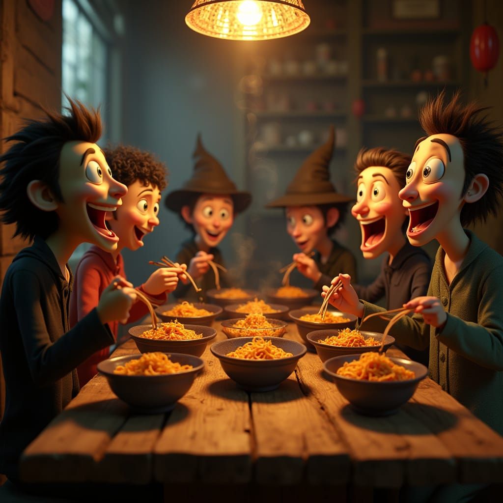 3D Characters Enjoy Noodles in Whimsical Style