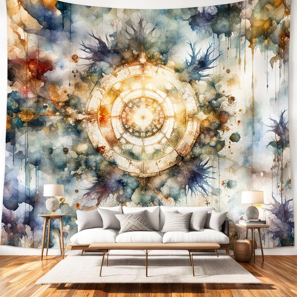 Watercolor Double Exposure Room with Thistle Tapestry