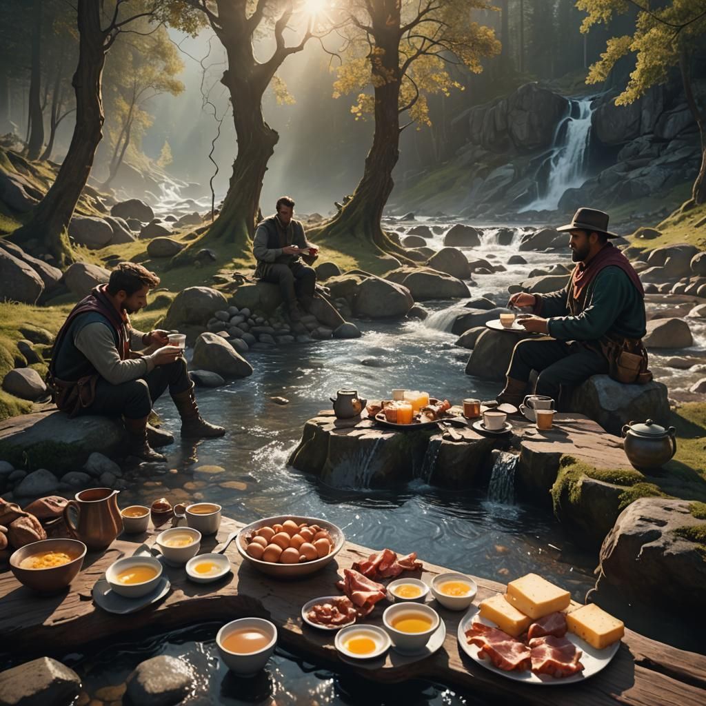 Fantasy Breakfast by Mountain Stream in Matte Painting Style
