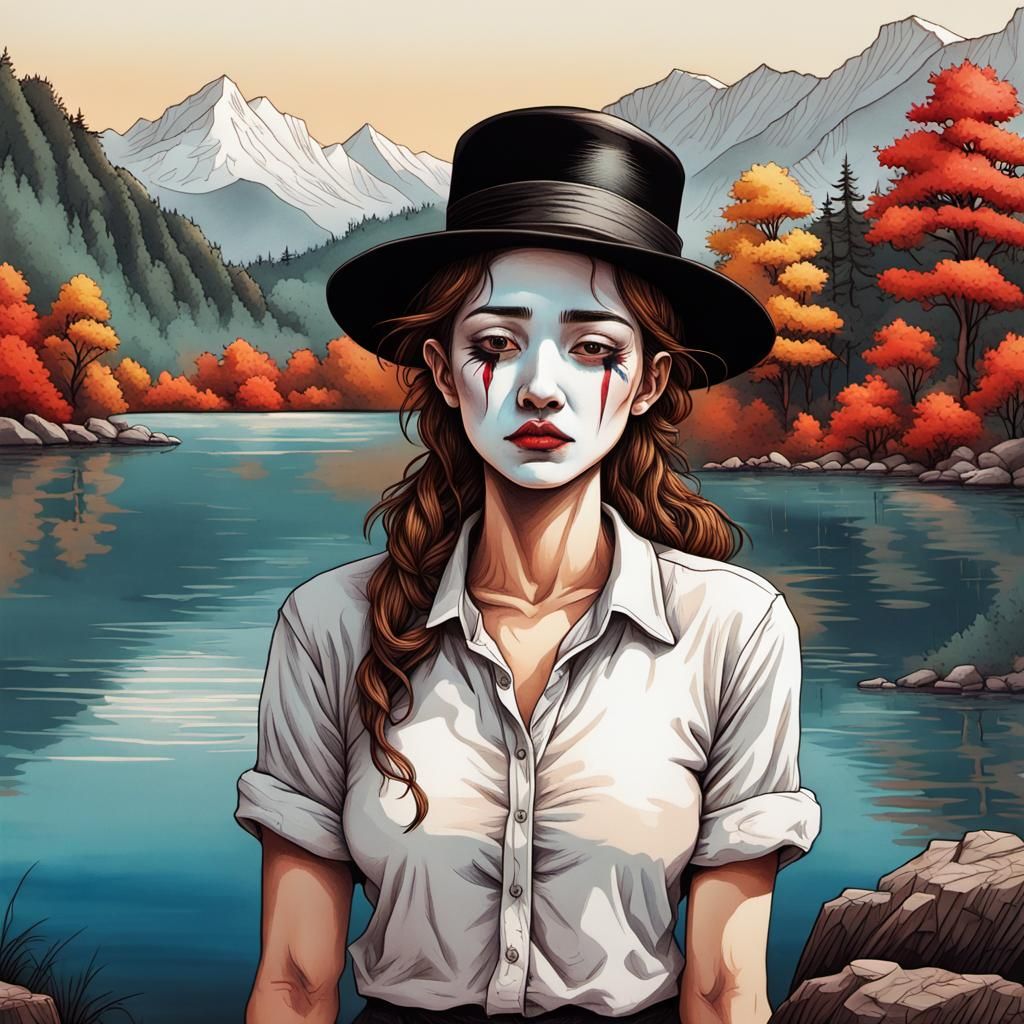 Sad Mime in Pyrography Style on Serene Lake