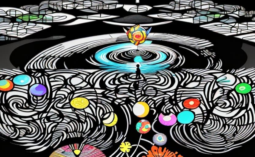 Surreal Kaleidoscopic Garden in Vibrant Murakami-Inspired St...