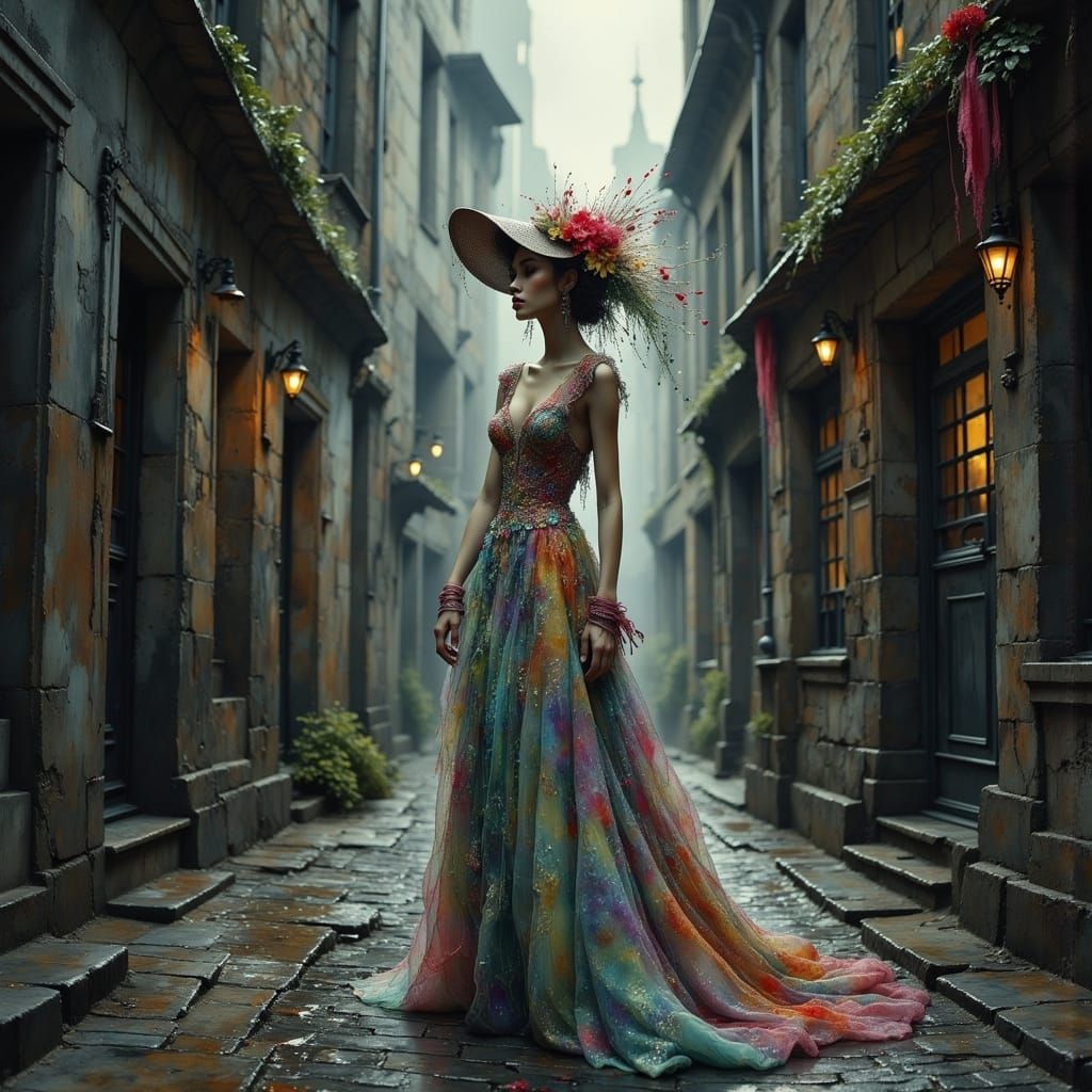 Elegant Woman Amidst Gothic Architecture in Dark Oil Paintin...