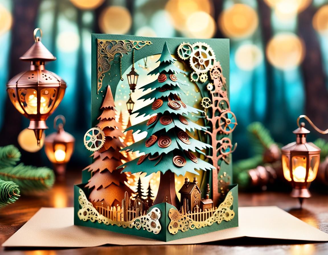 Steampunk Spruce Christmas Card with Copper Ornaments