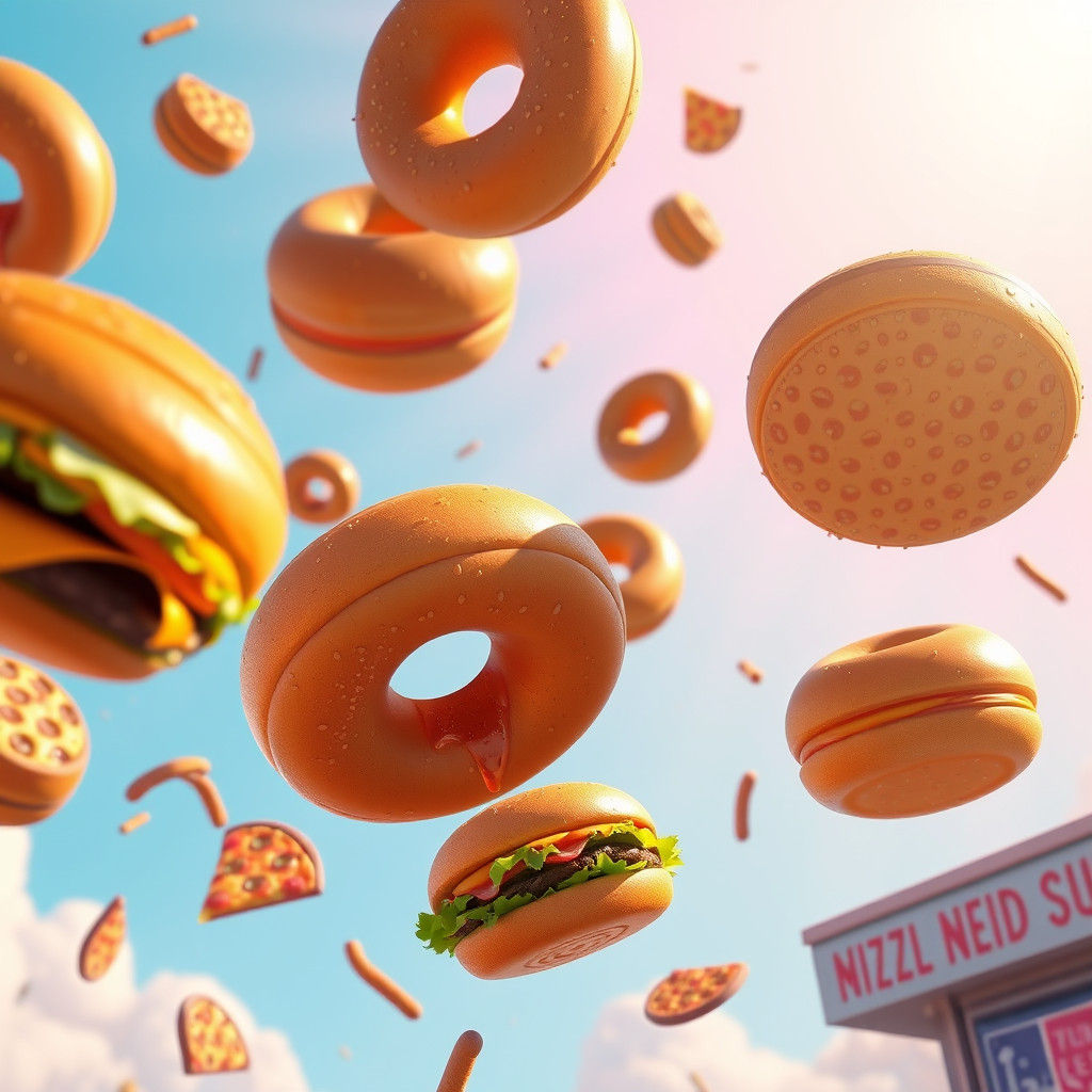 Giant Food Rain in Animated 3D Style