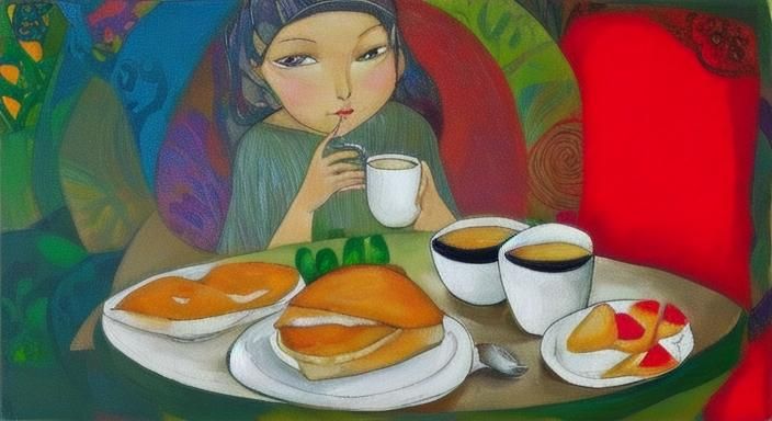 Woman and Cat at Breakfast in Abstract Style