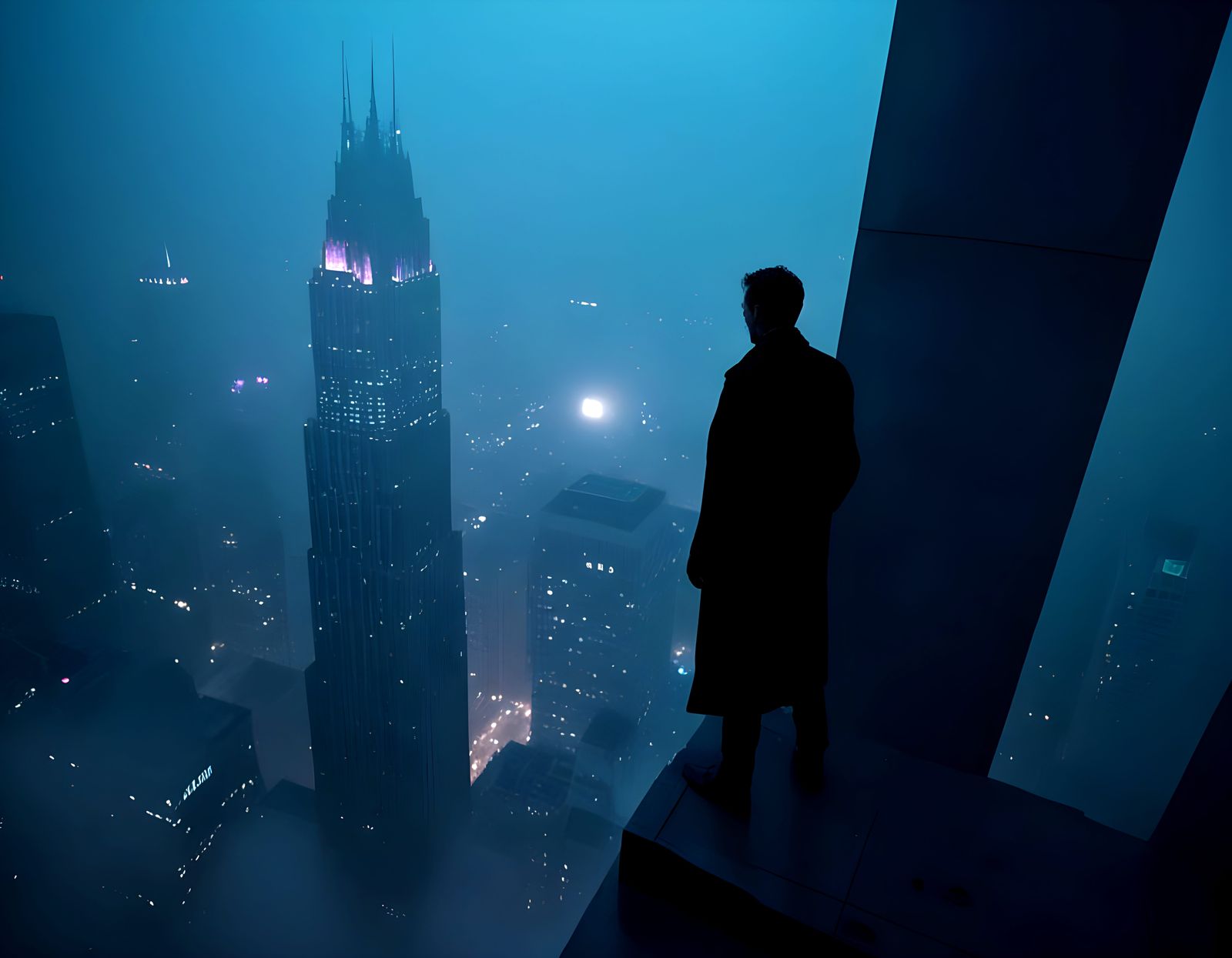 Silhouette on Skyscraper Edge at Twilight