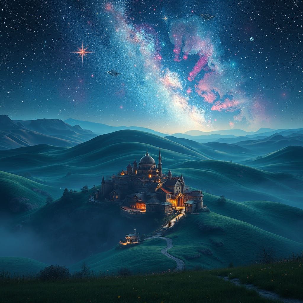 Mystical Village Under the Stars in Vibrant, Iridescent Aura
