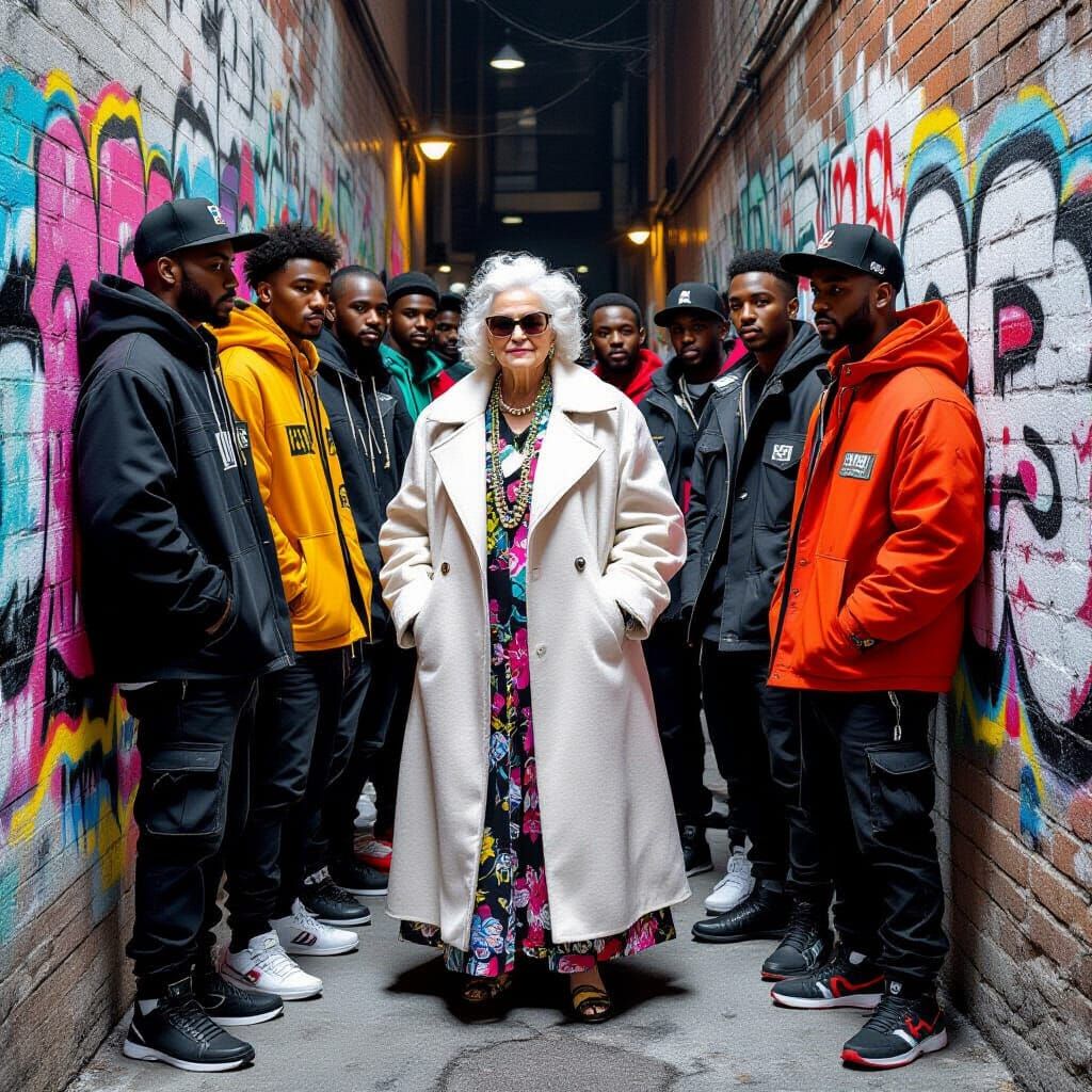 Stylish Granny in Urban Alleyway Art