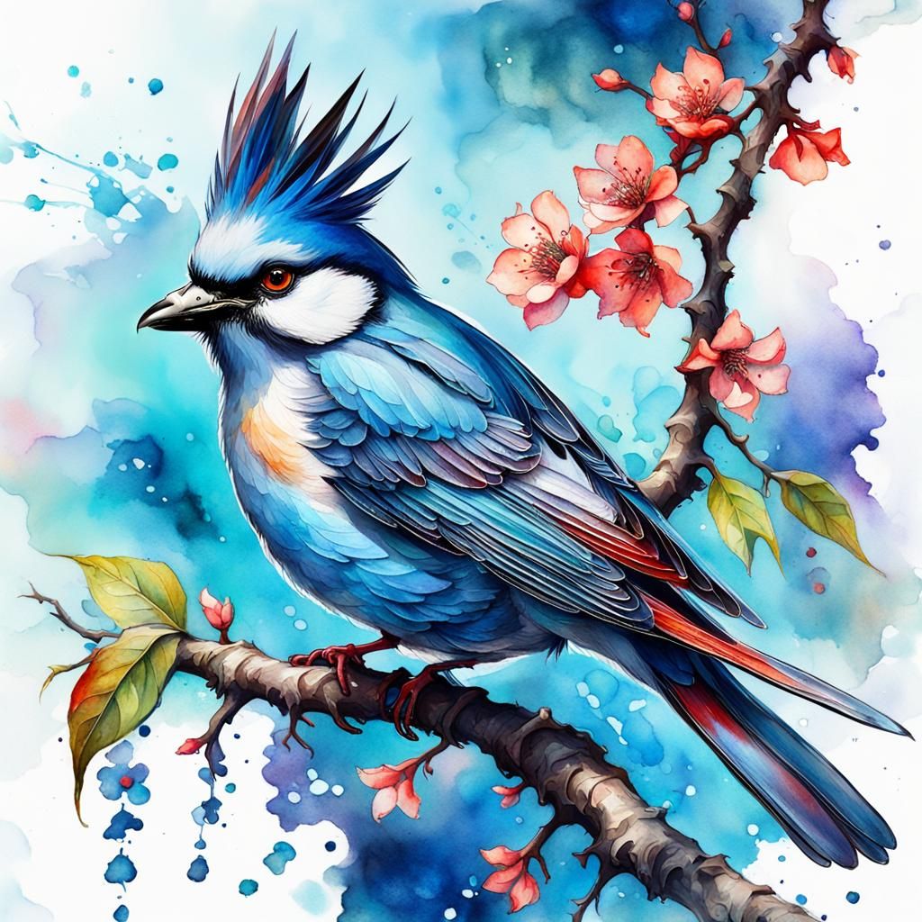Red Blossom Bird Portrait in Watercolor Style