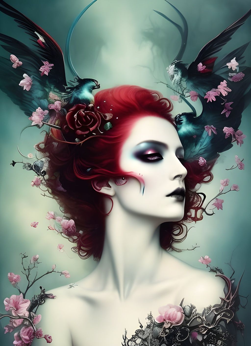 Gothic Redhead Goddess Portrait in Art Nouveau Style