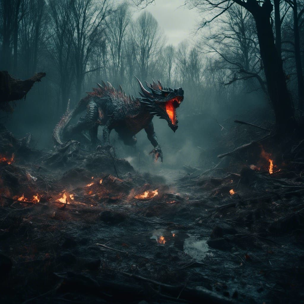 Fire Breathing Dragon in Deep Casm: Fantasy Concept Art