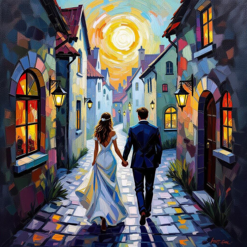 Couple in Medieval Alleyway with Expressive Art Style