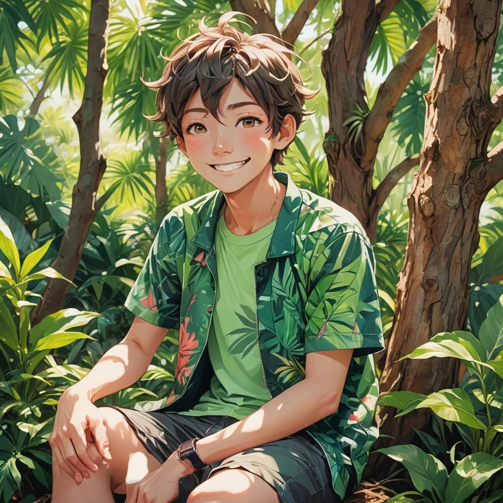 Anime Boy in Tropical Setting, Vibrant Style