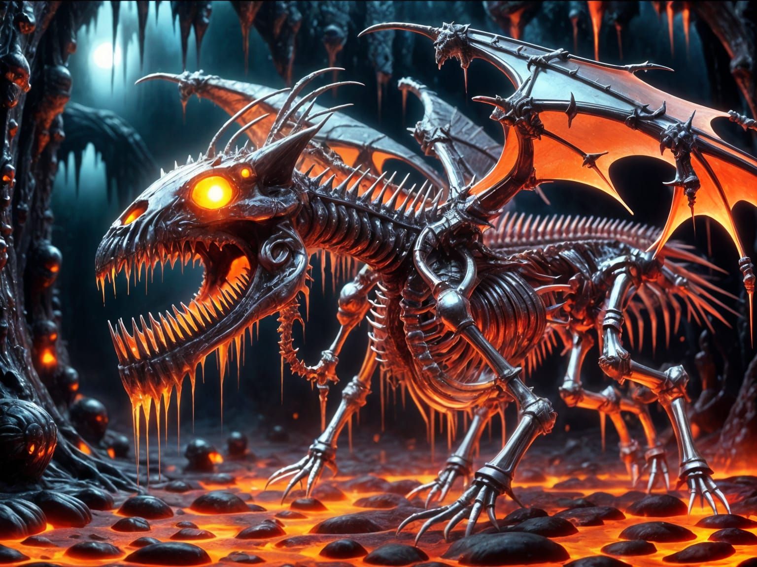 Hybrid Monster Skeleton Roaring with Lava and Chrome Accents