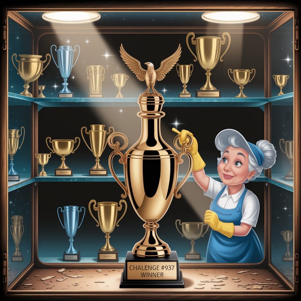 Dusty Trophy Case with Gleaming Gold Bottle Trophy