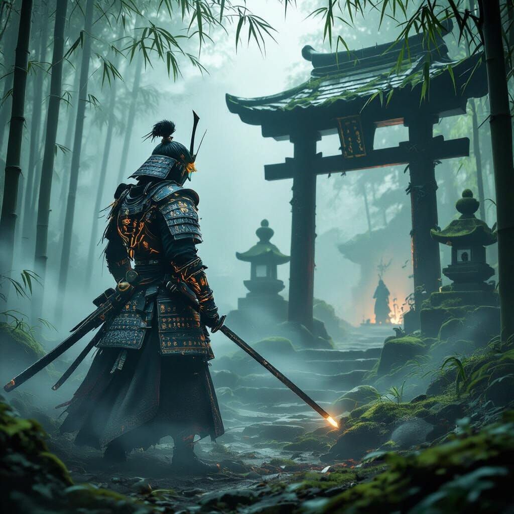 Ethereal Samurai Guarding Ancient Shrine in Misty Forest